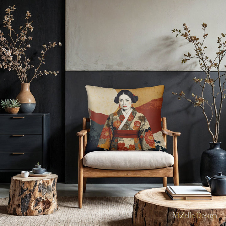 Décoration Intérieur salon avec des Coussins décoratifs Mzelle Design, thème japandi imprimé Portrait de Japonaise dans les tons ocre rouge et écru