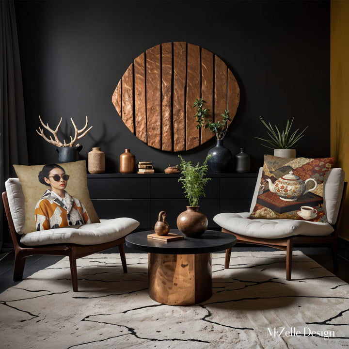 Décoration intérieur avec deux Coussins Mzelle Design, thème japandi imprimé Portrait de Japonaise avec des lunettes et service à Thé tons ocre et beige