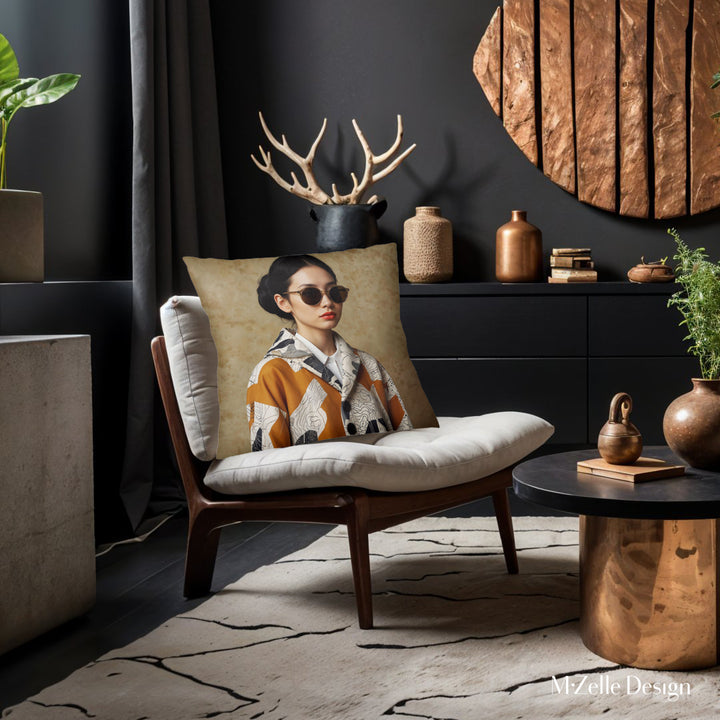 Décoration intérieur avec deux Coussins Mzelle Design, thème japandi imprimé Portrait de Japonaise avec des lunettes et service à Thé tons ocre et beige