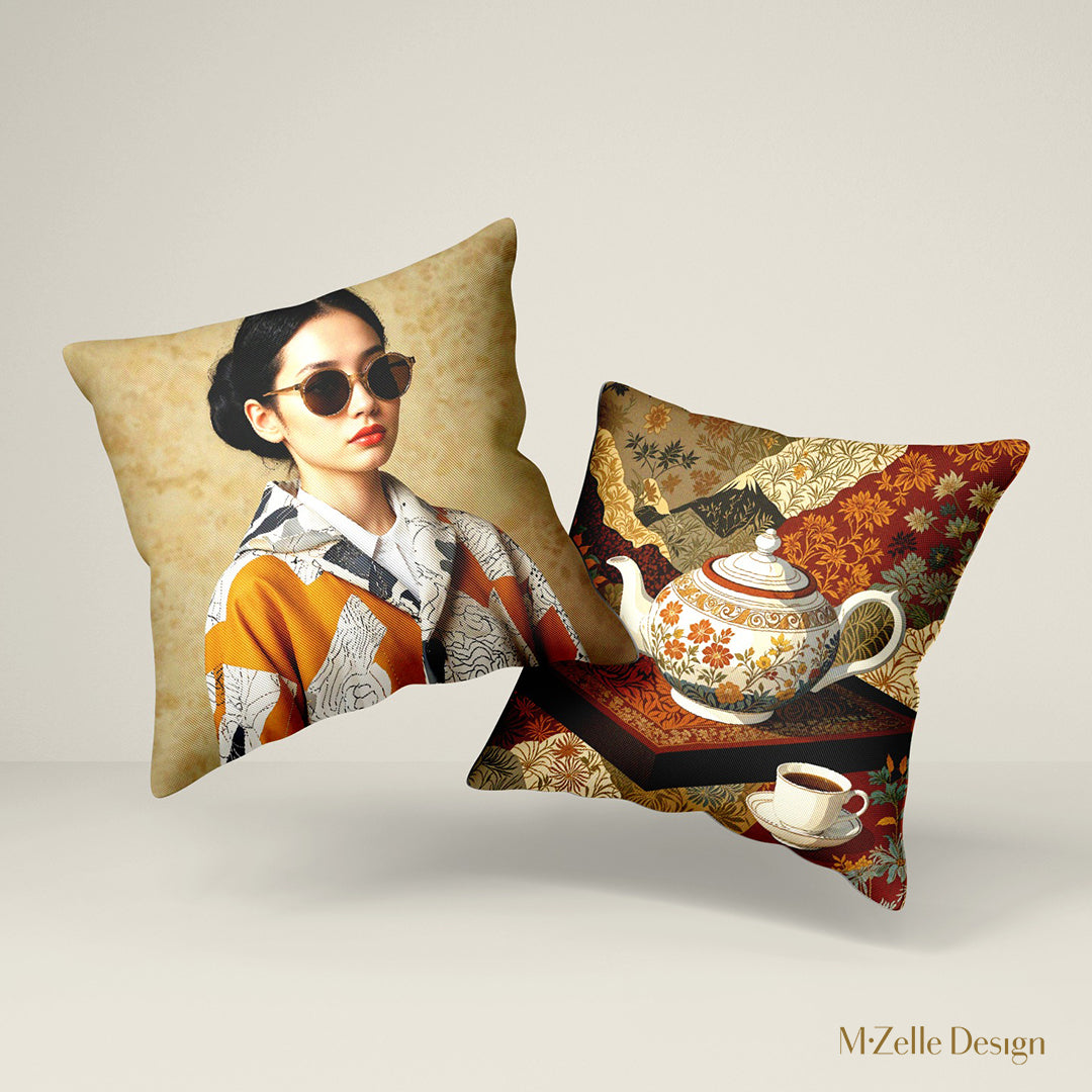 Housse de Coussin ASIE - Duo Japandi Portrait et Thé - 45 et 55cm