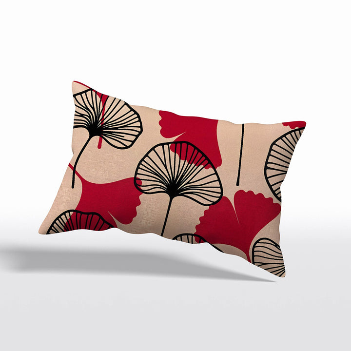 Housse décorative rectangle MZelle design, aspect lin inspirée par l'univers japonais imprimé feuille de ginkgo écru, rouge et noir.