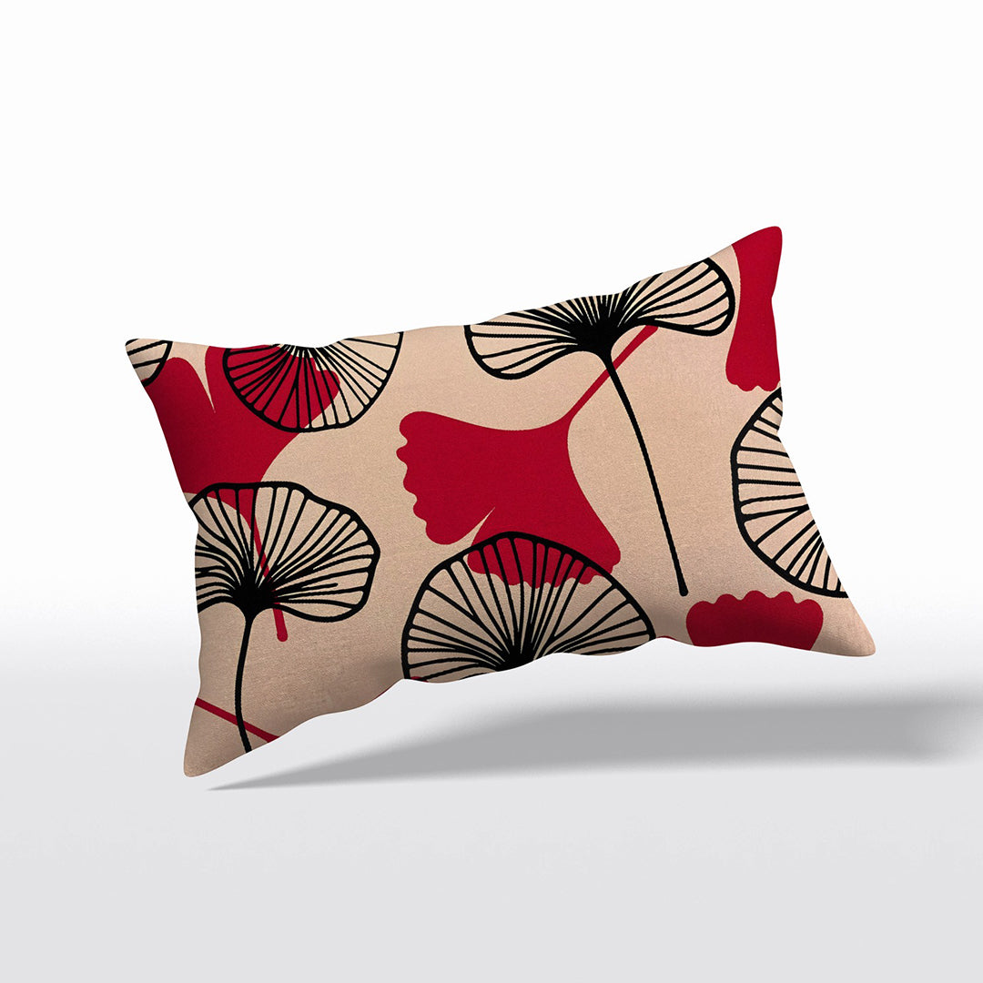 Housse décorative rectangle MZelle design, aspect lin inspirée par l'univers japonais imprimé feuille de ginkgo écru, rouge et noir.
