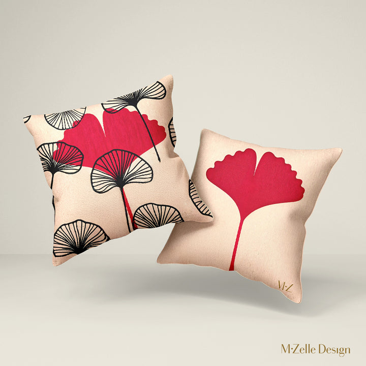 Deux coussins MZelle design, aspect lin inspirée par l'univers japonais imprimé feuille de ginkgo écru, rouge et noir.