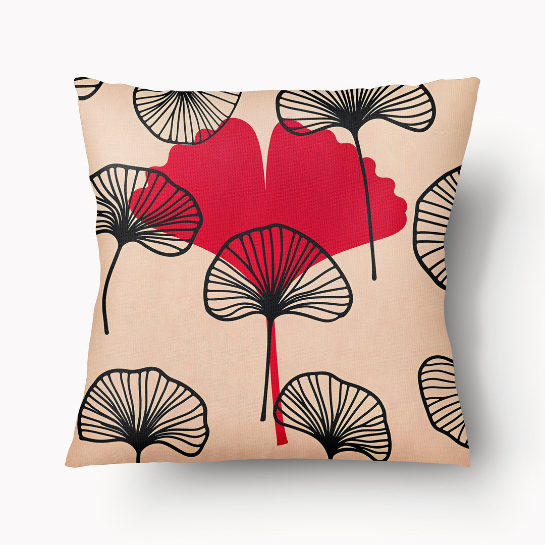 Housse décorative MZelle design, aspect lin inspirée par l'univers japonais imprimé feuille de ginkgo écru, rouge et noir.