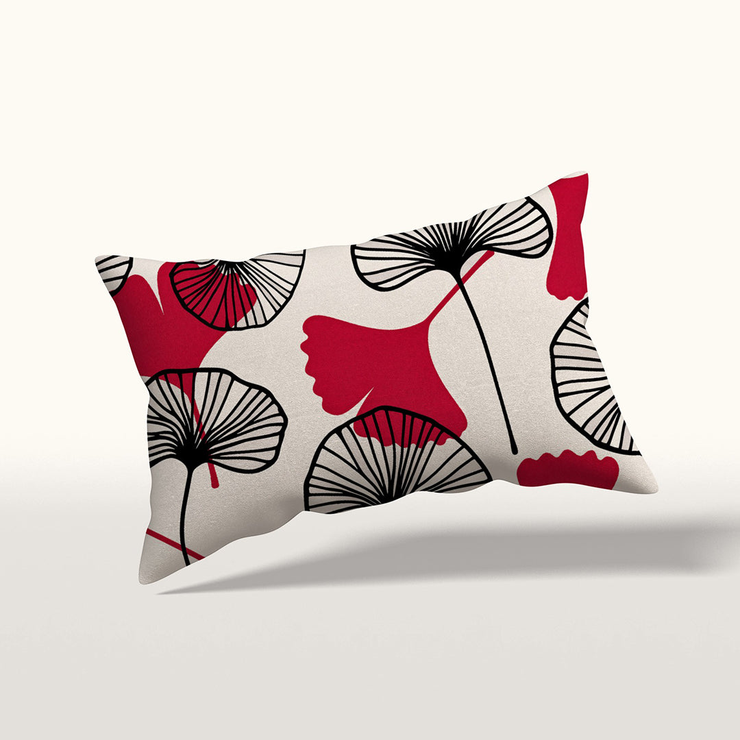 Coussin de décoration rectangle MZelle design, aspect lin inspirée par l'univers japonais imprimé feuille de ginkgo rouge sur fond écru, feuilles noires.