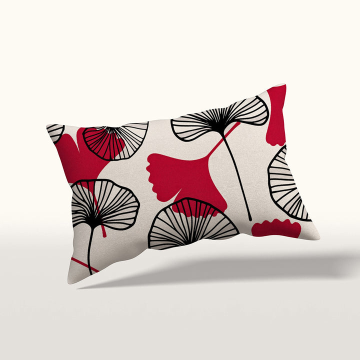 Coussin de décoration rectangle MZelle design, aspect lin inspirée par l'univers japonais imprimé feuille de ginkgo rouge sur fond écru, feuilles noires.