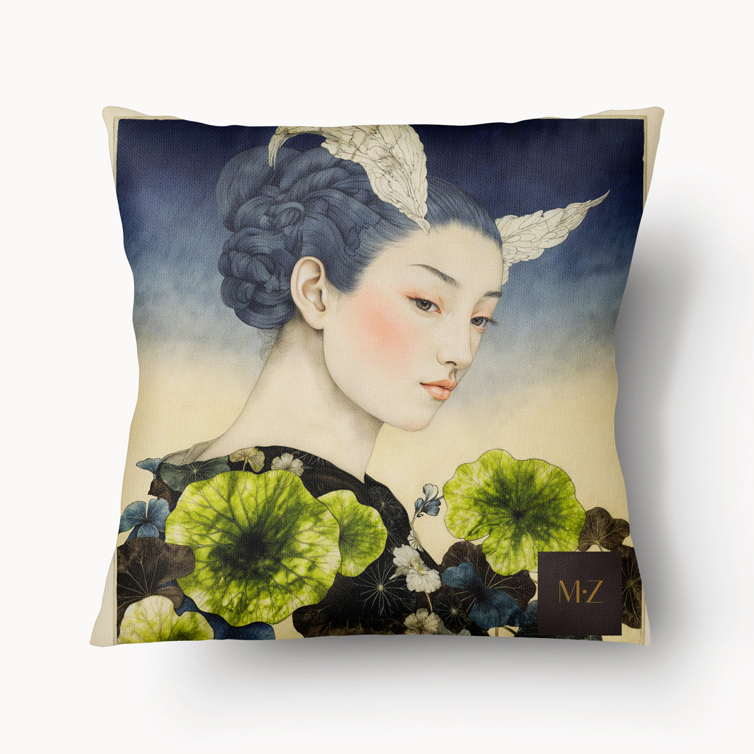 coussin carré Mzelle Design décoration japon, motif onirique geisha et fleurs stylisées bleu, vert, marron, composition raffinée recto et verso.