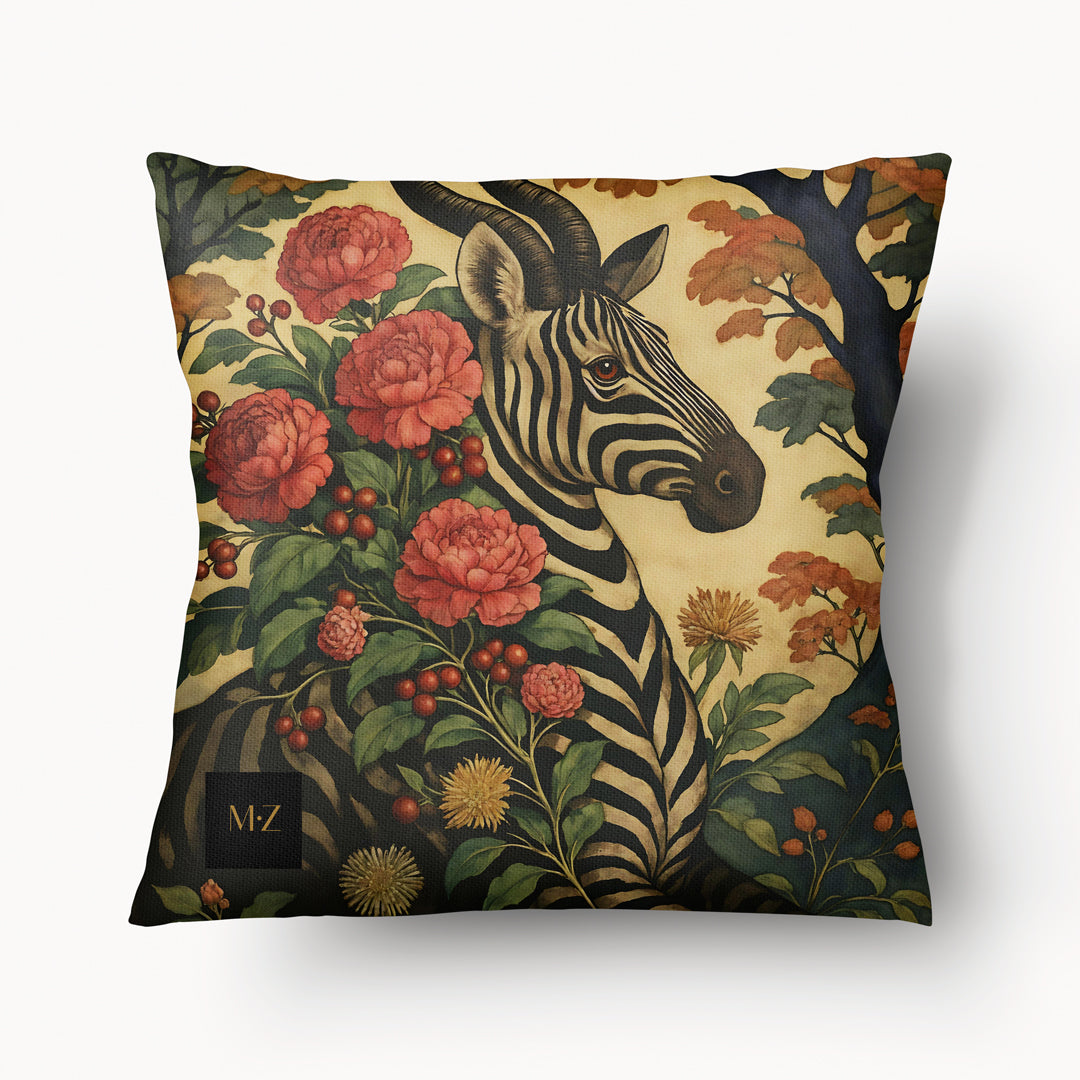 Housse de coussin Mzelle design réversible Chimère Zèbre & Antilope, design onirique, influences cabinet de curiosité et botanique précieuse.