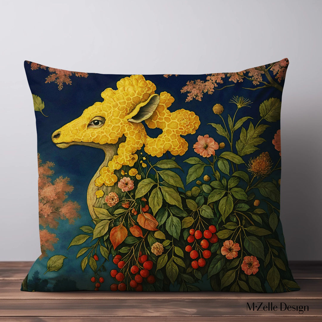 Housse de coussin Mzelle design représentant Chrysomallos, créature mythique mi-bélier mi-fleur, imprimé singulier aux accents légendaires et poétiques.