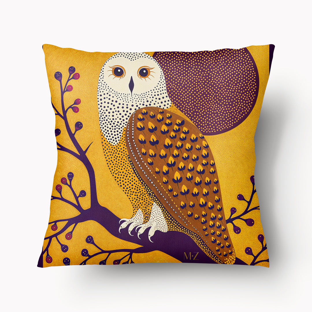 Housse de Coussin BESTIAIRE - Duo Chouette et Hibou Pointillisme jaune et violet effet graphique MZelle Design