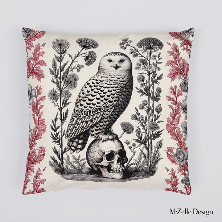 Housse de Coussin BESTIAIRE - Duo Vanité Grand Duc et Chouette posé sur une tête de mort tons gris et rouge sur fond écru Mzelle design