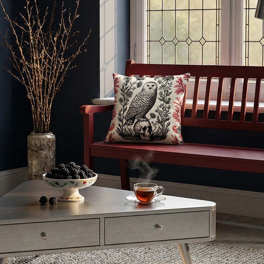 Photographie professionnelle d'un loft inspiré de l'esthétique gothique mélangée à un design contemporain, avec un banc en bois rouge foncé orné au centre d'un coussin motif chouette crâne vanité, table triangulaire.