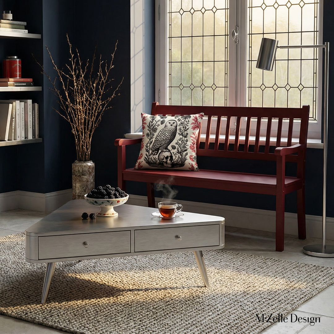 Photographie professionnelle d'un loft inspiré de l'esthétique gothique mélangée à un design contemporain, avec un banc en bois rouge foncé orné au centre de 2 coussins motif hibou et chouette crâne vanité, table triangulaire.