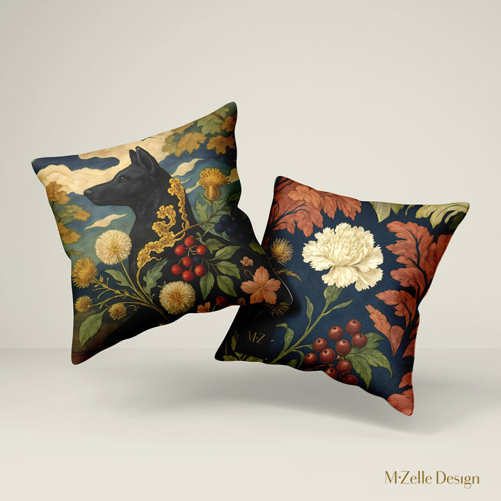Deux superbes coussins Mzelle design Grand Chien Noir, bestiaire mystérieux et floral, alliance entre imaginaire mythologique et art décoratif.