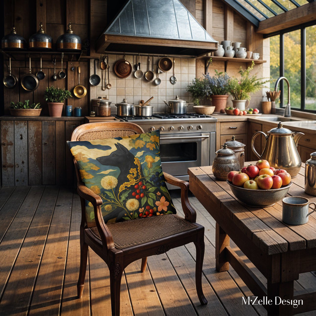Decoration d'interieur, une cuisine chaleureuse avec une chaise où est posé un coussin motif chien noir  dans un style d’illustration naturaliste, marque Mzelle Design