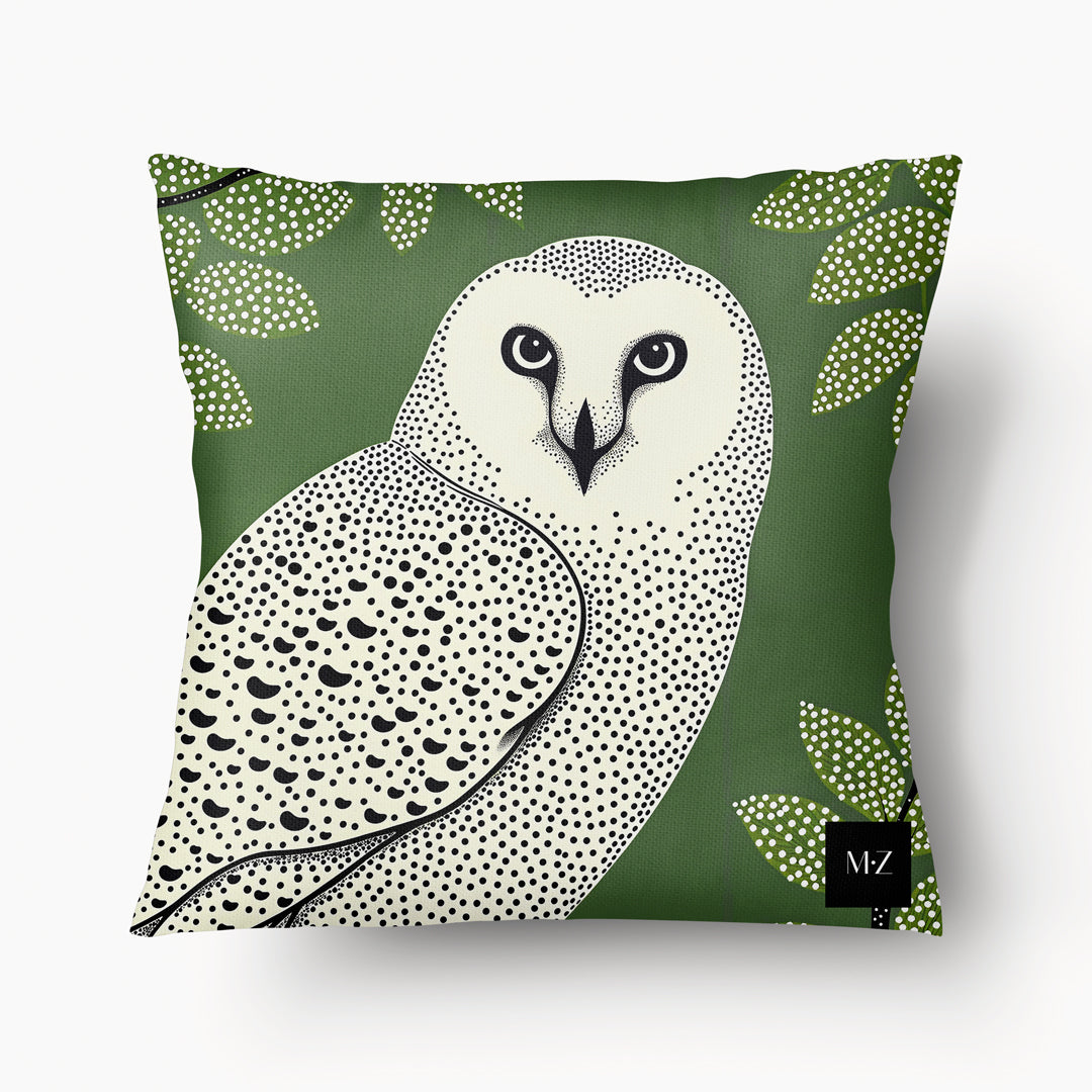 Housse de Coussin BESTIAIRE - Portrait Graphique Chouette Effraie Vert Kaki- 45cm