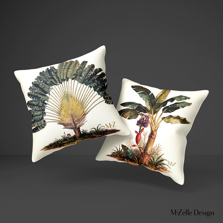 Grand Coussin décoration thème CARAÏBE Mzelle Design, motif style naturaliste aqurarelle, Arbre du Voyageur et Bananier sur fond écru.