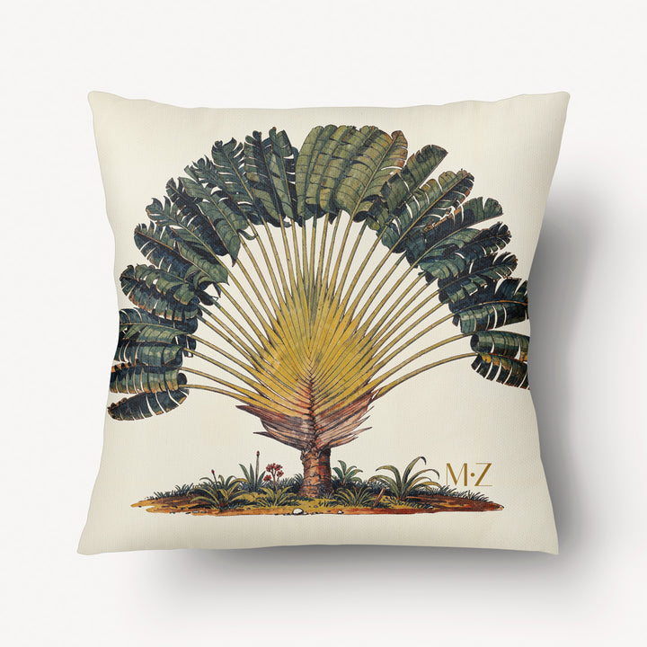 Coussin décoration thème CARAÏBE Mzelle Design, motif style naturaliste aqurarelle, Arbre du Voyageur et Bananier sur fond écru.