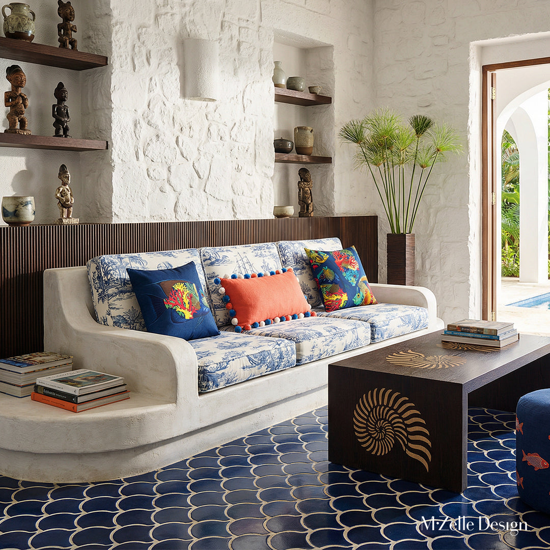 Photo professionnelle de décoration tropicale, villa portoricaine baignée de soleil avec murs blanchis à la chaux, un canapé taillé dans la pierre blanchie , surélevé sur une marche arrondie avec une pile de livres, au centre un coussin rectangle orange corail à petits pompons bleu et blancs, entouré de 2 coussins mzelle design motifs poissons tropicaux.