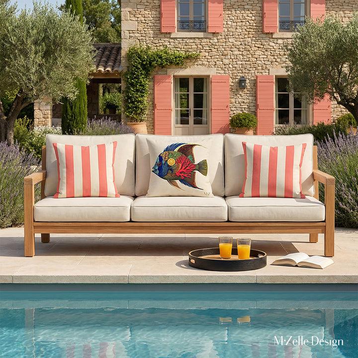 Photo tirée d'un magazine de décoration, Vue de face d'une élégante banquette d'extérieur trois places aux assises de twill écru, Ornée d'un coussin carré motif poisson tropical et 2 coussins à rayures rose corail et écru, vue d'une piscine moderne et une maison provençale en arrière plan.