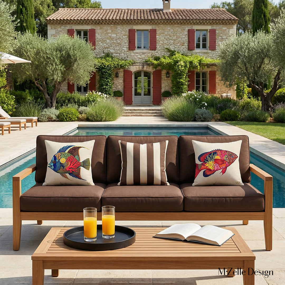 Photo tirée d'un magazine de décoration, Vue de face d'une élégante banquette d'extérieur trois places aux assises de twill écru, Ornée de 2 coussins motifs poissons tropicaux et un à rayures marron et écru, vue d'une piscine moderne et une maison provençale en arrière plan.