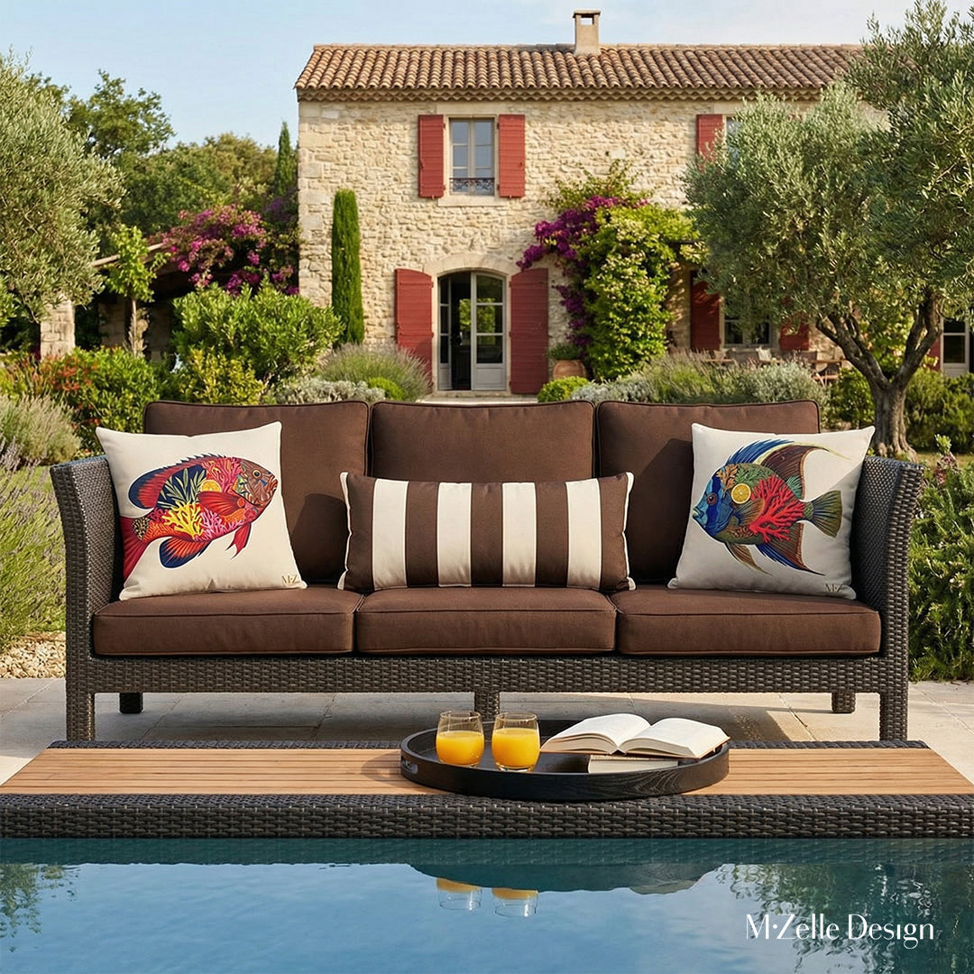 Photo tirée d'un magazine de décoration, Vue de face d'une élégante banquette d'extérieur trois places aux assises de twill écru, Ornée de 2 coussins motifs poissons tropicaux et un à rayures marron et écru, vue d'une piscine moderne et une maison provençale en arrière plan.