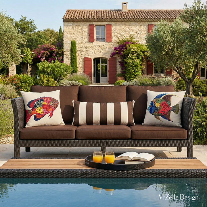 Photo tirée d'un magazine de décoration, Vue de face d'une élégante banquette d'extérieur trois places aux assises de twill écru, Ornée de 2 coussins motifs poissons tropicaux et un à rayures marron et écru, vue d'une piscine moderne et une maison provençale en arrière plan.