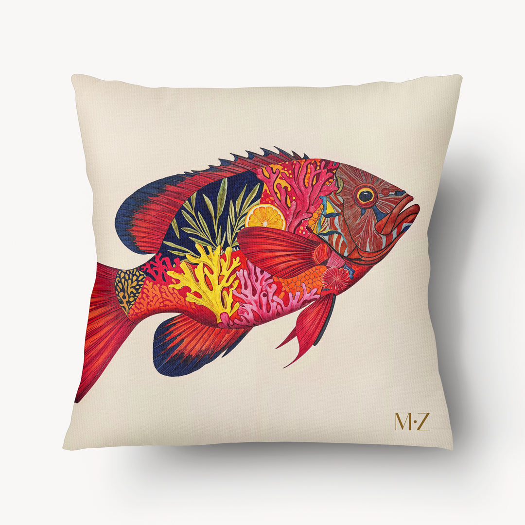 Housse de Coussin CARAÏBE - Motif illustré de Poissons Tropicaux multicolore sur fond clair mzelle design