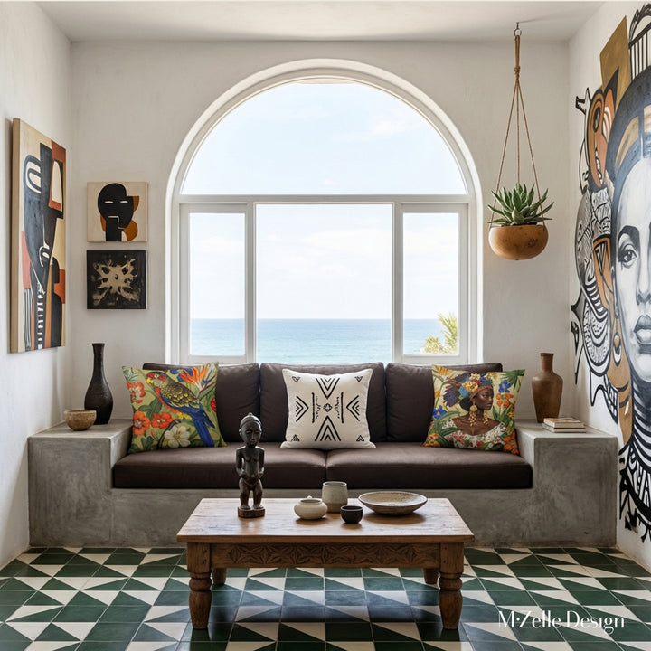 Photo professionnelle hautement détaillée,  villa cubaine baignée de soleil avec murs blanchis à la chaux, fenêtre en demi-lune vue mer et canapé intégré dans le mur en dessous, assises marron foncé avec un coussin de chaque côté, fresque street art au mur.