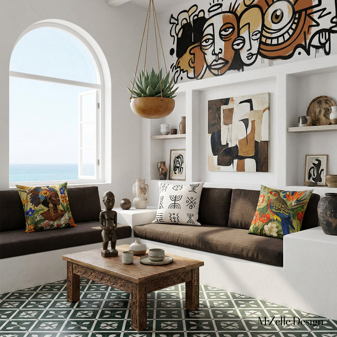 Photo professionnelle hautement détaillée,  villa cubaine baignée de soleil avec murs blanchis à la chaux, fenêtre en demi-lune vue mer et canapé intégré dans le mur en dessous, assises marron foncé avec un coussin de chaque côté, fresque street art au mur.