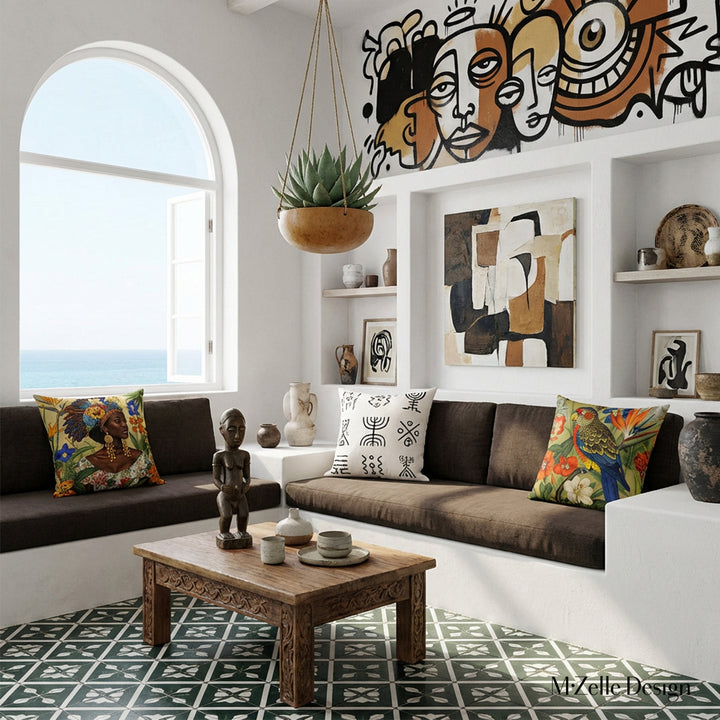 Photo professionnelle hautement détaillée,  villa cubaine baignée de soleil avec murs blanchis à la chaux, fenêtre en demi-lune vue mer et canapé intégré dans le mur en dessous, assises marron foncé avec un coussin de chaque côté, fresque street art au mur.