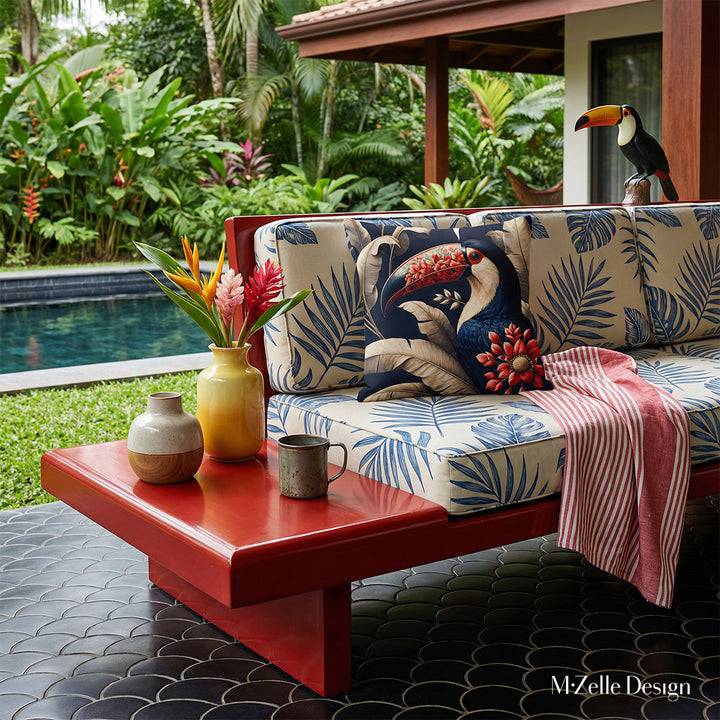 Photographie professionnelle extrêmement détaillée esprit estival, vue de face en gros plan sur un canapé en bois peint laqué, structure épaisse épurée qui comporte une extension pour faire une table basse intégrée, assises écrues à motifs graphiques de feuille de bananier marron, orné d'un grand coussin motif toucan, exposé sur la véranda.