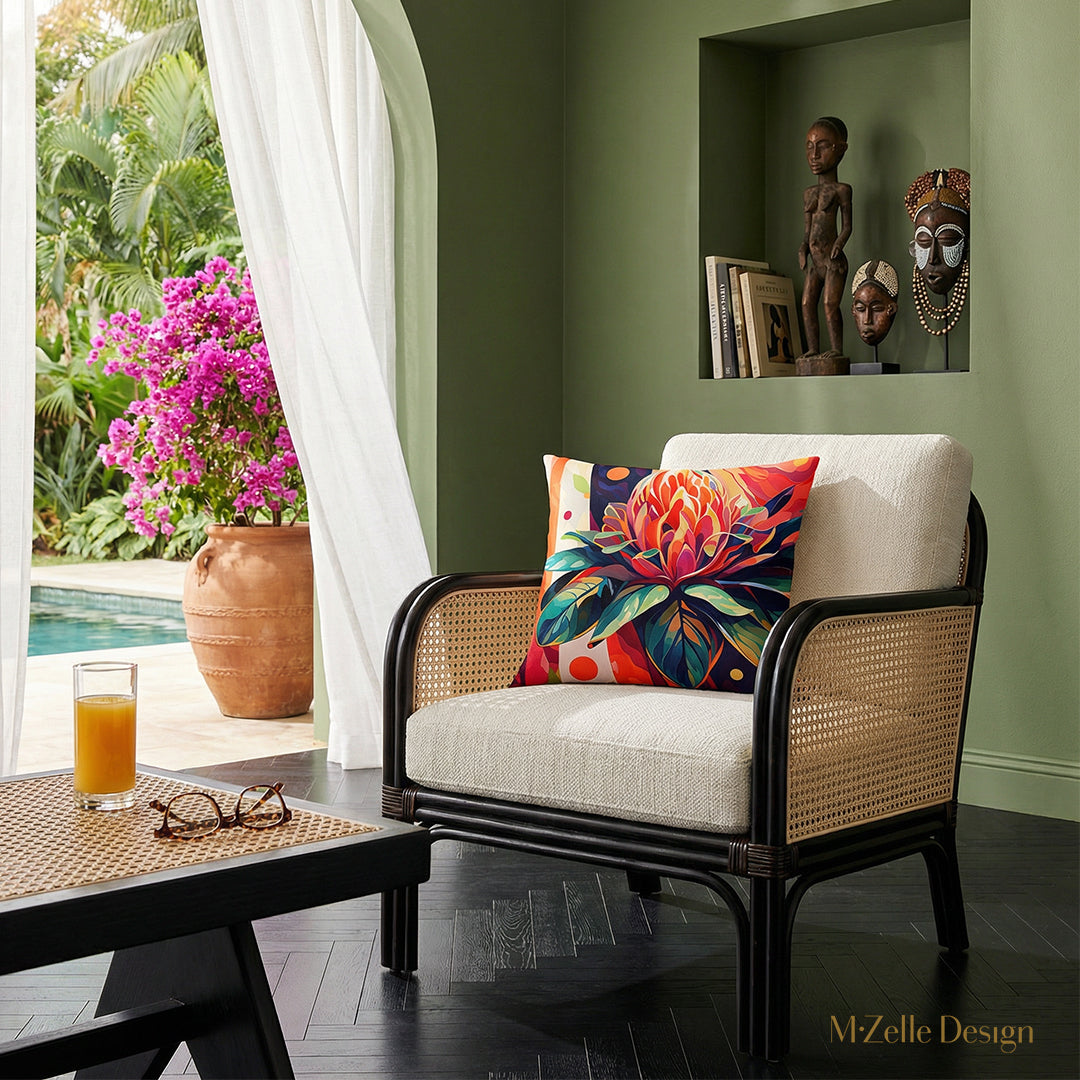 Photographie lifestyle de décoration tropicale présentant un superbe fauteuil  au design contemporain en rotin verni foncé orné d'un large coussin coloré mzelle design, l'assise et le dossier sont en tissu texturé blanc cassé, cannage écru sur les côtés, exposé dans un lodge tropical lumineux. table basse en bois noir , cavité dans le mur avec des objets afro-cubain.