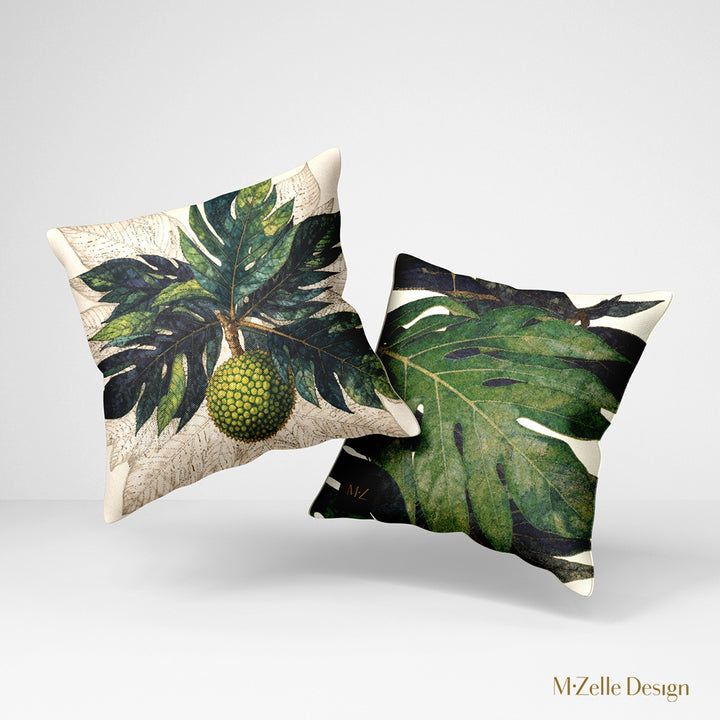 Coussin thème CARAÏBE Mzelle Design motif Fruit à Pain et larges feuilles vertes sur fond écru