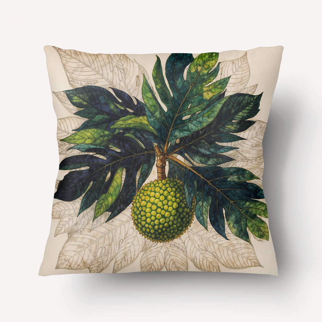 Coussin thème CARAÏBE Mzelle Design motif Fruit à Pain sur fond écru