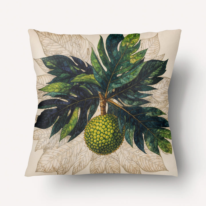 Coussin thème CARAÏBE Mzelle Design motif Fruit à Pain sur fond écru