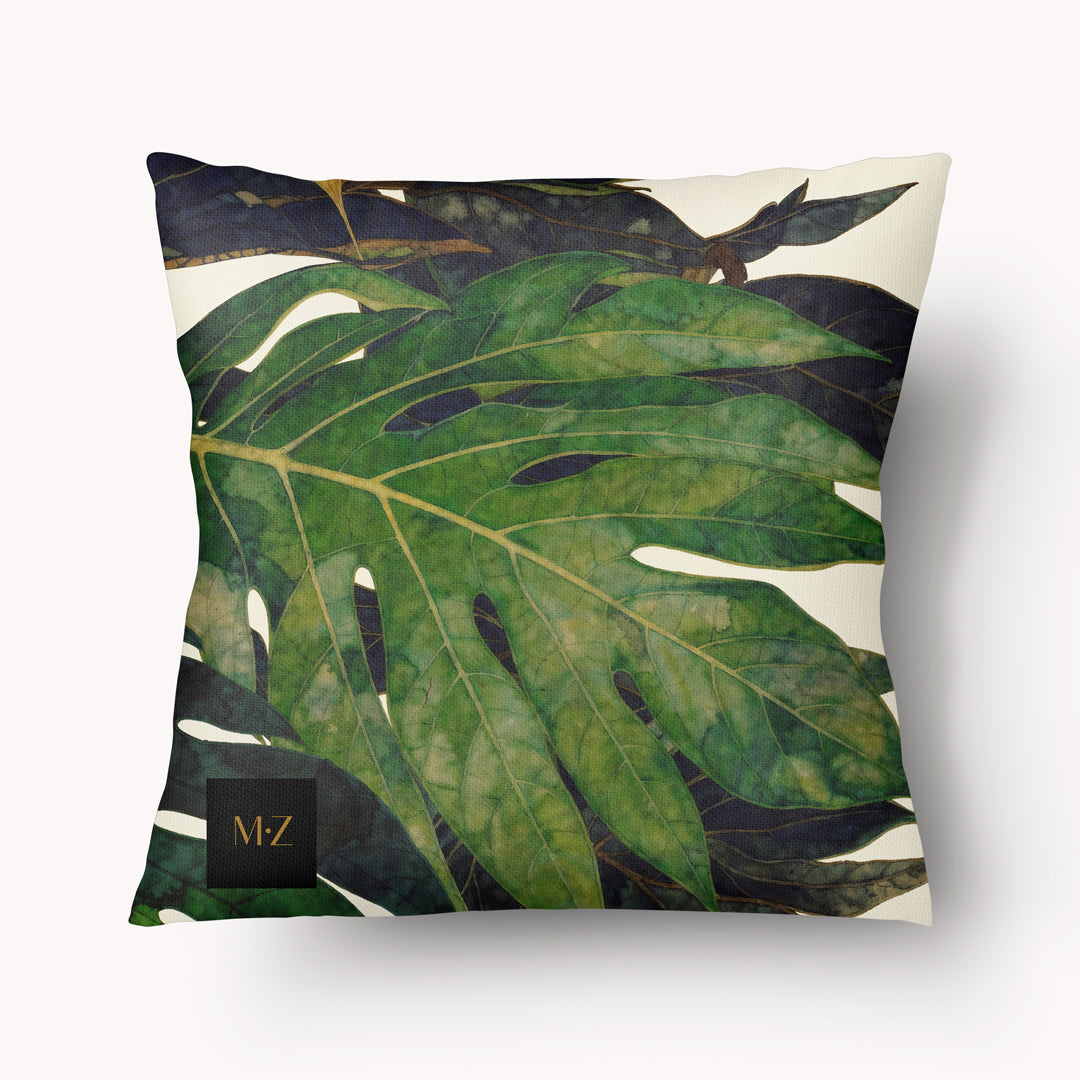 Coussin thème CARAÏBE Mzelle Design motif feuilles de Fruit à Pain sur fond écru