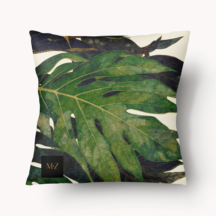 Coussin thème CARAÏBE Mzelle Design motif feuilles de Fruit à Pain sur fond écru