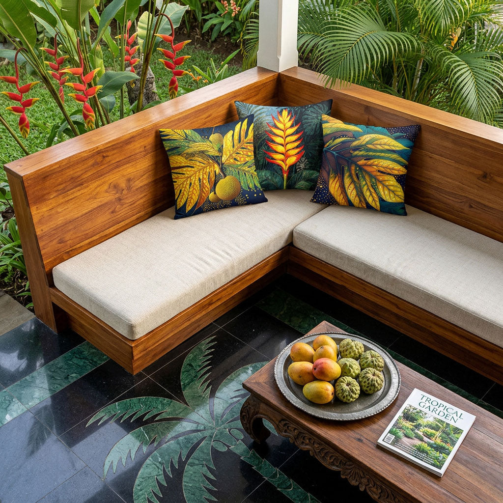 Photo professionnelle de décoration, terrasse d'une villa créole, vue en plongée sur un angle aménagé d'une banquette-coffre en bois de manguier verni, ornée de 3 coussins décoratifs mzelle design, motifs tropicaux, sol en carrelage noir et vert formant un palmier, table en bois brut sculpté.