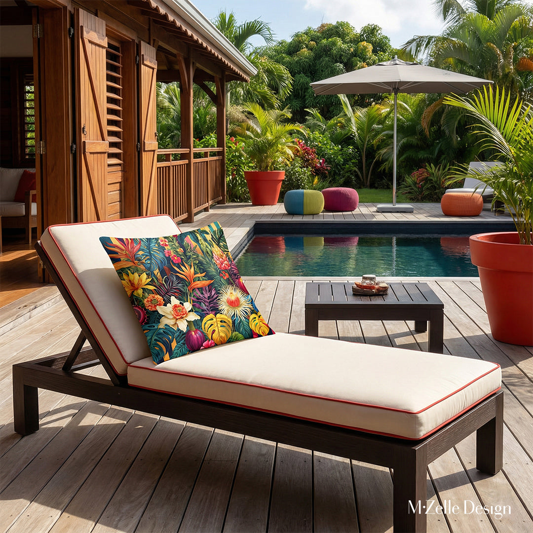 Photographie professionnelle,  très détaillée, vue de face d'une chaise longue en bois wengé, assises écrues avec passepoils rouge, orné d'un large coussin fleuri exposé sur la terrasse ensoleillée d'une maison créole aux antilles, vue sur le jardin et la piscine contemporaine à bassin foncé. 