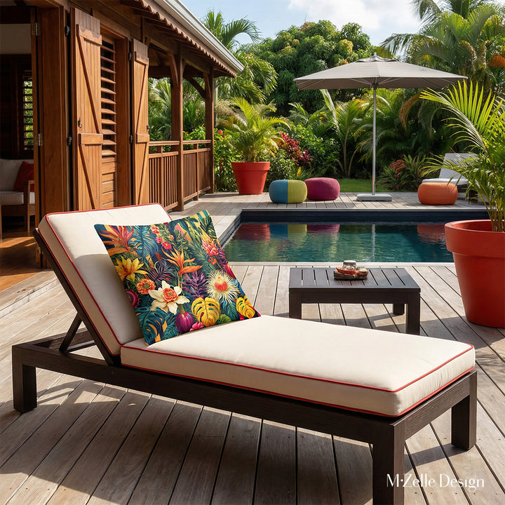 Photographie professionnelle,  très détaillée, vue de face d'une chaise longue en bois wengé, assises écrues avec passepoils rouge, orné d'un large coussin fleuri exposé sur la terrasse ensoleillée d'une maison créole aux antilles, vue sur le jardin et la piscine contemporaine à bassin foncé. 