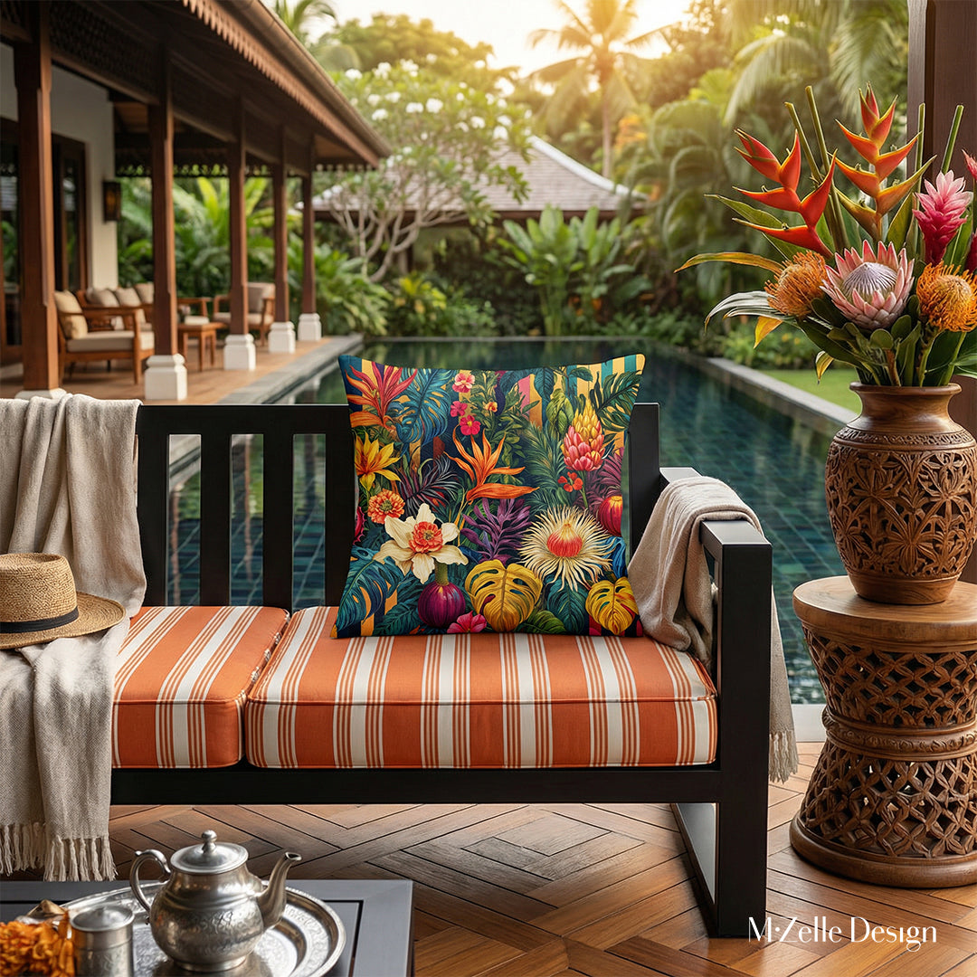 Photographie professionnelle extrêmement détaillée et de haute qualité, esprit estival, vue de face en gros plan sur un canapé en metal noir structure moderne épaisse et assises à rayures orange et blanc, orné d'un grand coussin sur la véranda d'un bar lounge tropical.