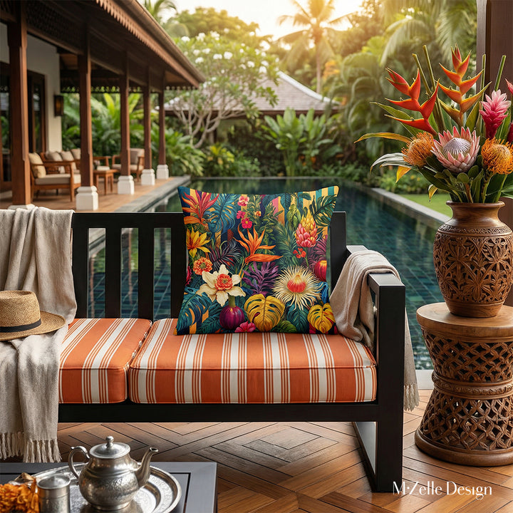 Photographie professionnelle extrêmement détaillée et de haute qualité, esprit estival, vue de face en gros plan sur un canapé en metal noir structure moderne épaisse et assises à rayures orange et blanc, orné d'un grand coussin sur la véranda d'un bar lounge tropical.