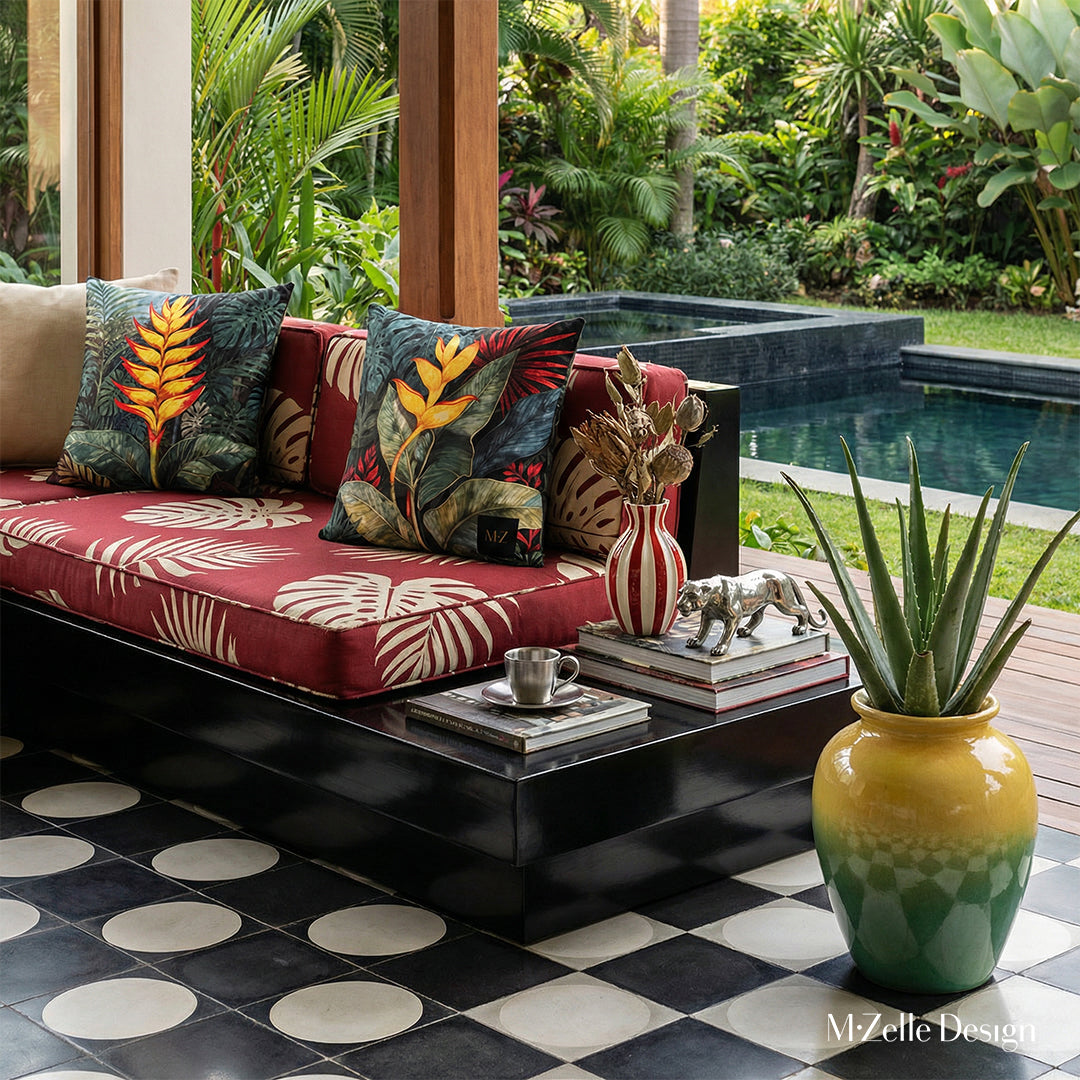Photographie professionnelle extrêmement détaillée d'esprit estival, vue de face en gros plan sur un canapé rouge en bois peint noir laqué, structure épaisse et une table basse,  le canapé est orné de deux grands coussins motifs héliconias mzelle design, piscine et végétation en arrière plan.