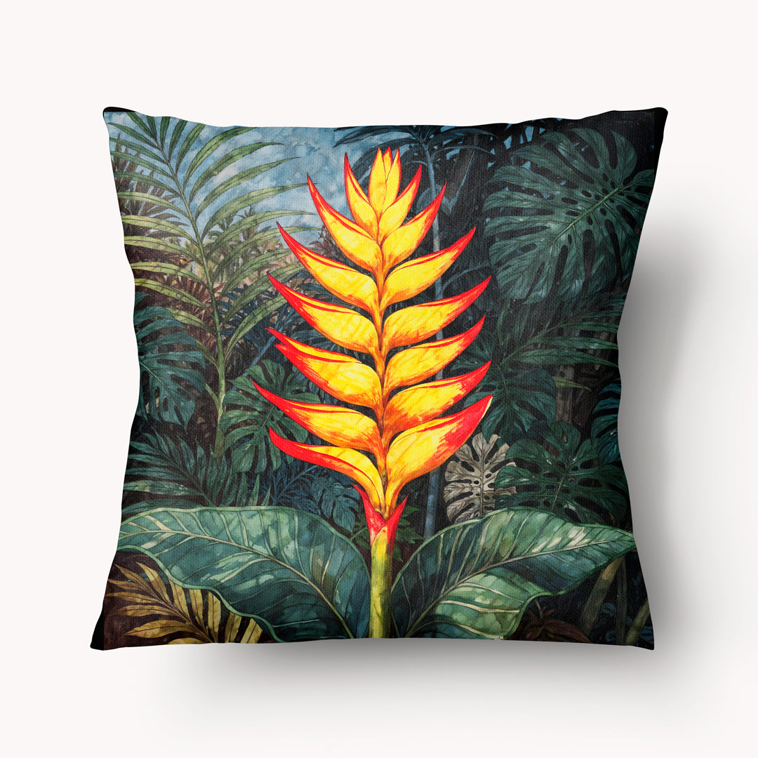 Coussin Mzelle Design Décoration Tropicale Motif de Fleur de Balisier Héliconia sur un fond de feuilles style aquarelle