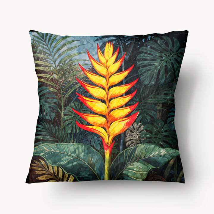 Coussin Mzelle Design Décoration Tropicale Motif de Fleur de Balisier Héliconia sur un fond de feuilles style aquarelle