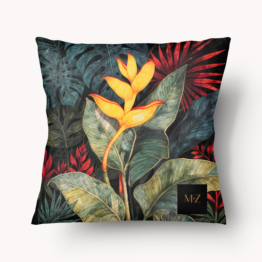 Coussin Mzelle Design Décoration Tropicale Motif de Fleur de Balisier Héliconia sur un fond de feuilles style aquarelle