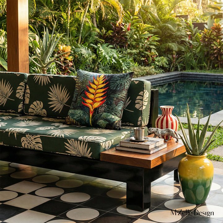 Photographie professionnelle extrêmement détaillée d'esprit estival, vue de face en gros plan sur un canapé vert en bois peint noir laqué, structure épaisse et une table basse,  le canapé est orné de deux grands coussins motifs héliconias mzelle design, piscine et végétation en arrière plan.