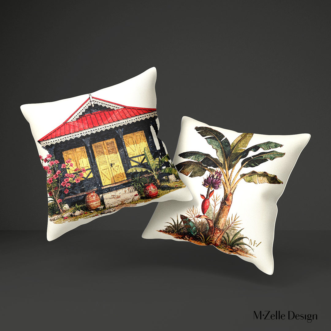 Coussin satinée MZelle Design, impression avec Motif un tropical de Case créole et bananier, effet aquarelle sur fond écru