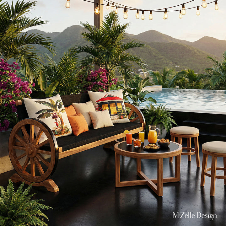 Photo professionnelle lifestyle roof top avec vue sur piscine à débordement et montagne, vue de face d'un banc avec 2 roues de charrettes en teck vernis aux extrémités, assises en toiles de jute noir , 2 larges coussins mzelle design entourés de coussins écrus et oranges, une table basse ronde épurée assortie avec un plateau noir et des verres de jus de fruits, 2 tabourets en bois assortis assises écrues. Piscine et montagne.